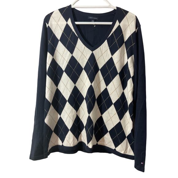 Tommy Hilfiger Sweater Women’s XL Navy White Argyle V-Neck Knit - Picture 1 of 6
